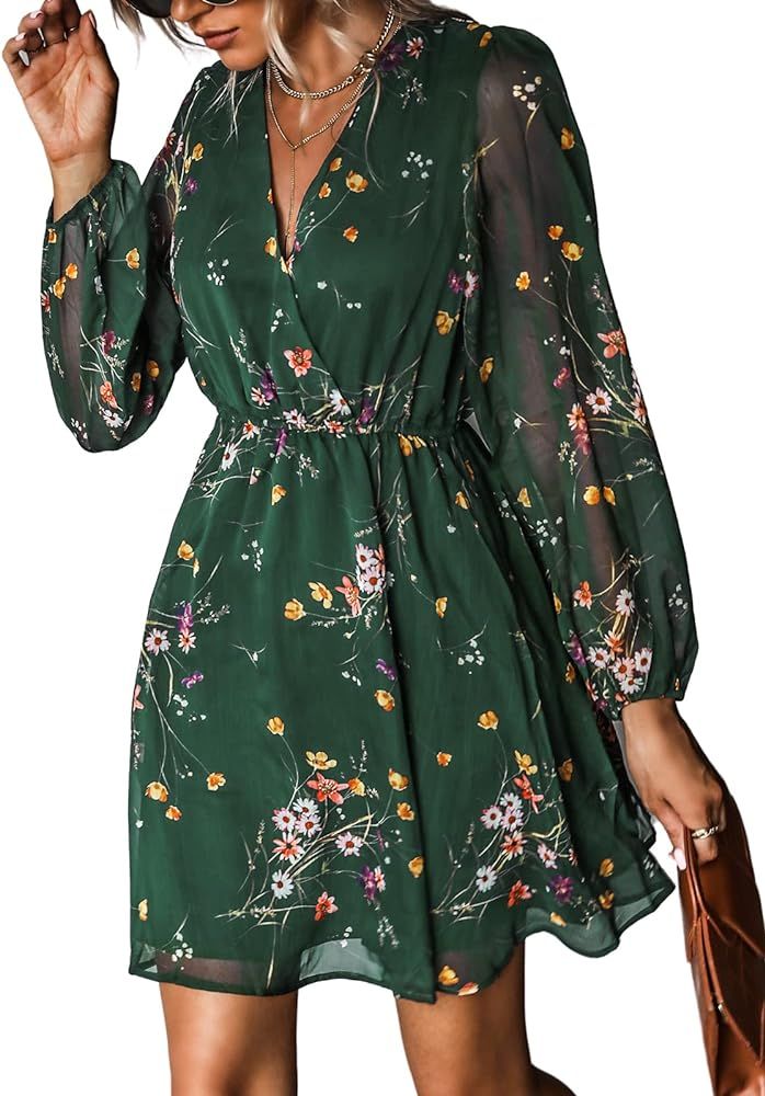 CUPSHE Women's Floral Print Chiffon A-Line Mini Dress Long Peasant Sleeves Elastic Autumn Dress,L... | Amazon (US)