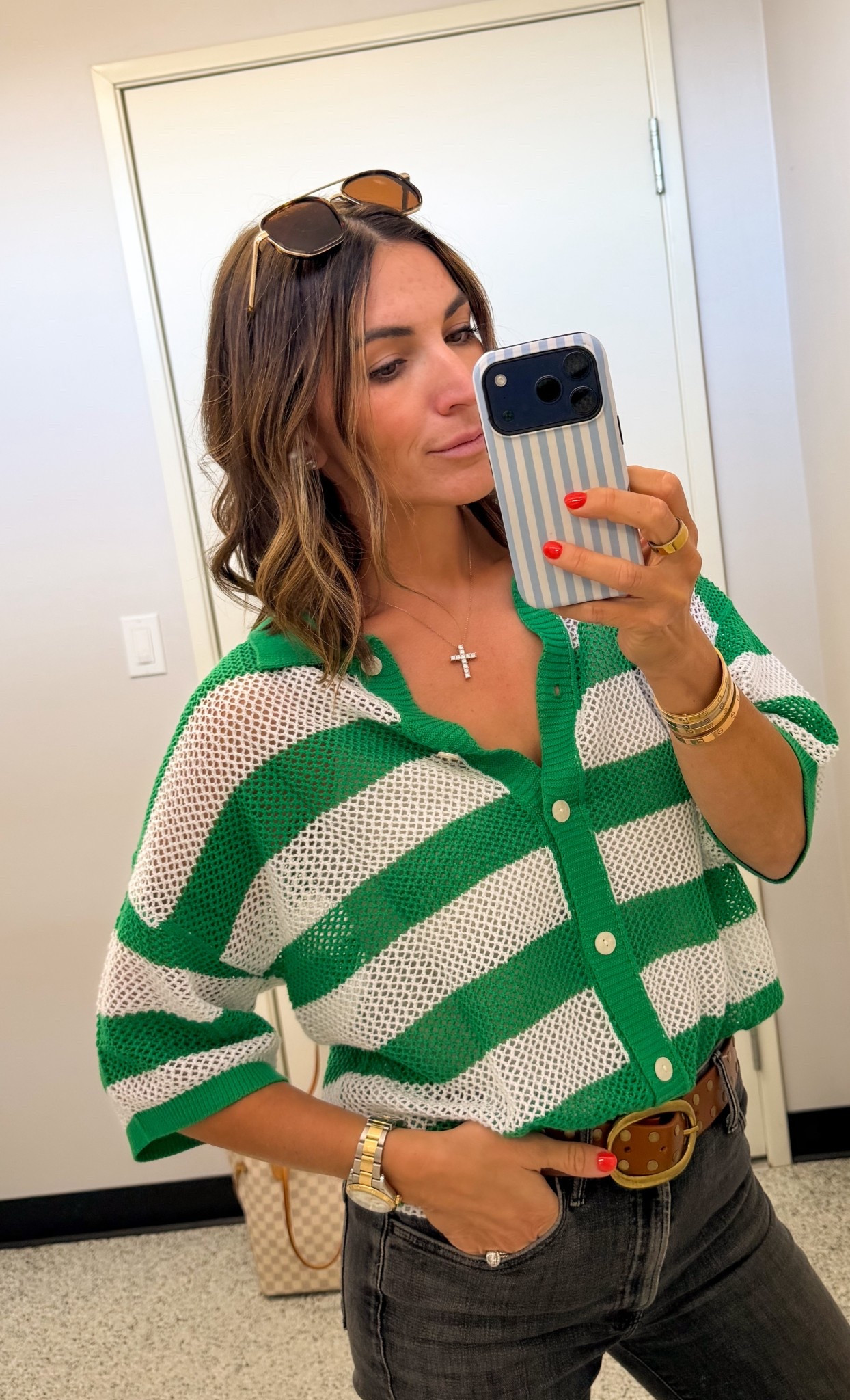 Crochet top is under $35 — I have my eye on the navy & white stripe as well  