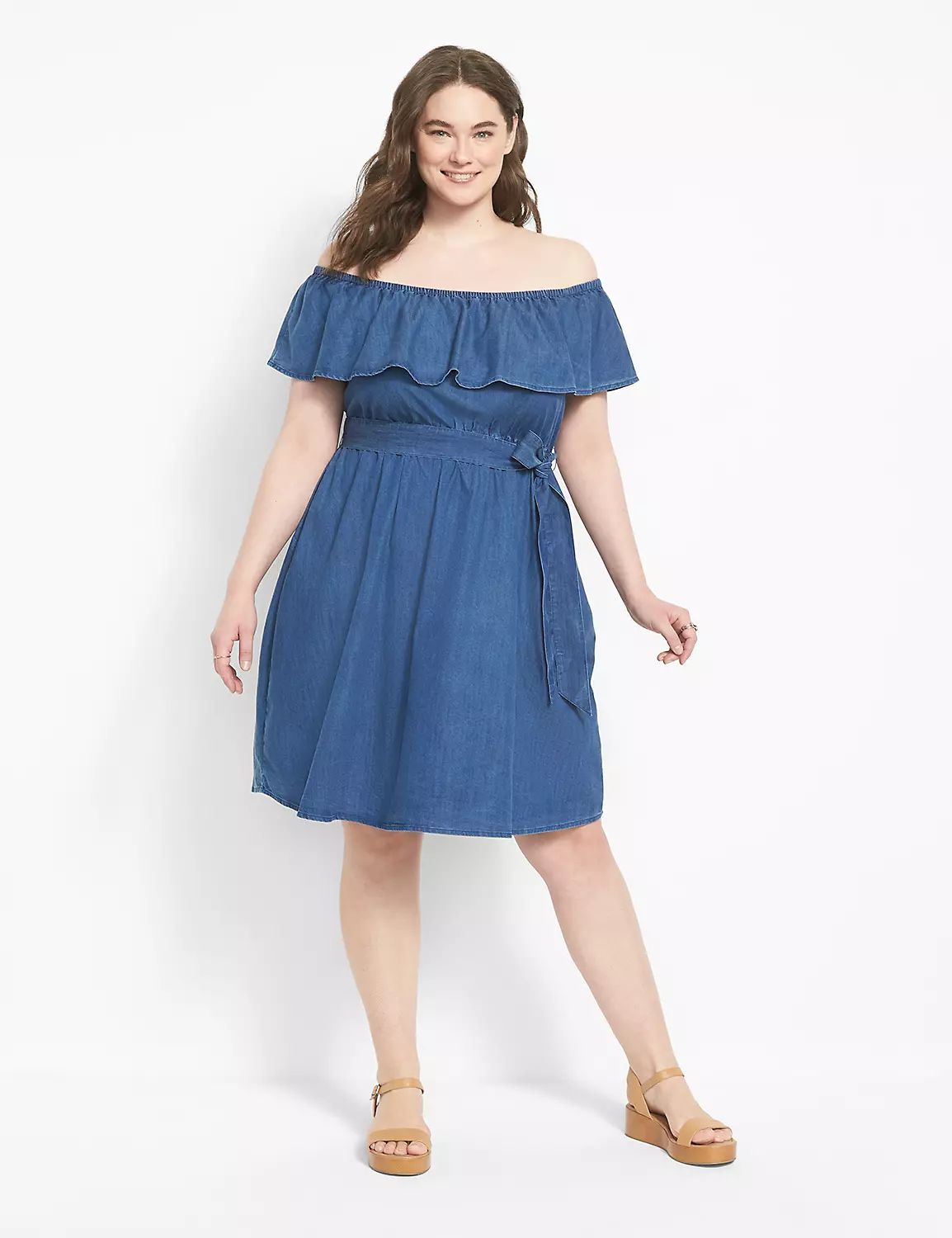 Convertible Off-The-Shoulder Chambray Fit & Flare Dress | LaneBryant | Lane Bryant (US)