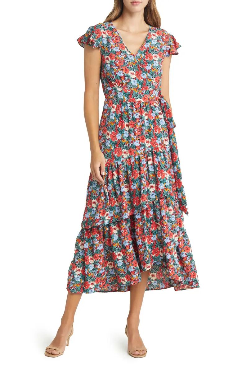 Floral Print Flutter Sleeve Faux Wrap Midi Dress | Nordstrom