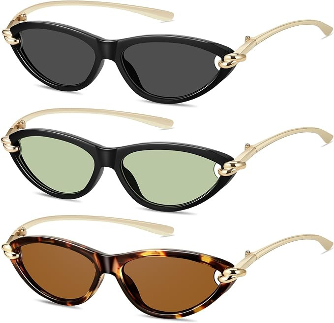 Retro Oval Cat Eye Sunglasses for Women Y2k Designer Trendy Narrow Shades Metal Temples UV protec... | Amazon (US)
