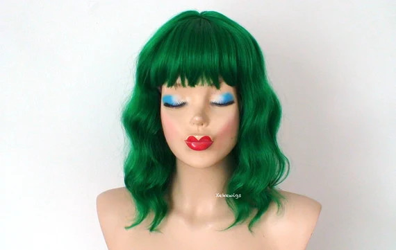 Green wig. 16" Wavy wig with bangs. Heat friendly synthetic hair wig. | Etsy (US)
