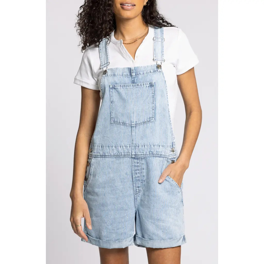 Thread & Supply Connor Short Denim Overalls in Washed Indigo Stripe at Nordstrom, Size Large | Nordstrom