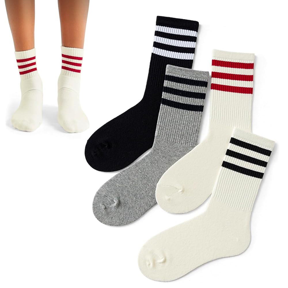 4 PAIRS Striped Crew Socks For Women Casual Cotton Novelty Retro Athltic Socks Unisex MultiColor | Amazon (US)