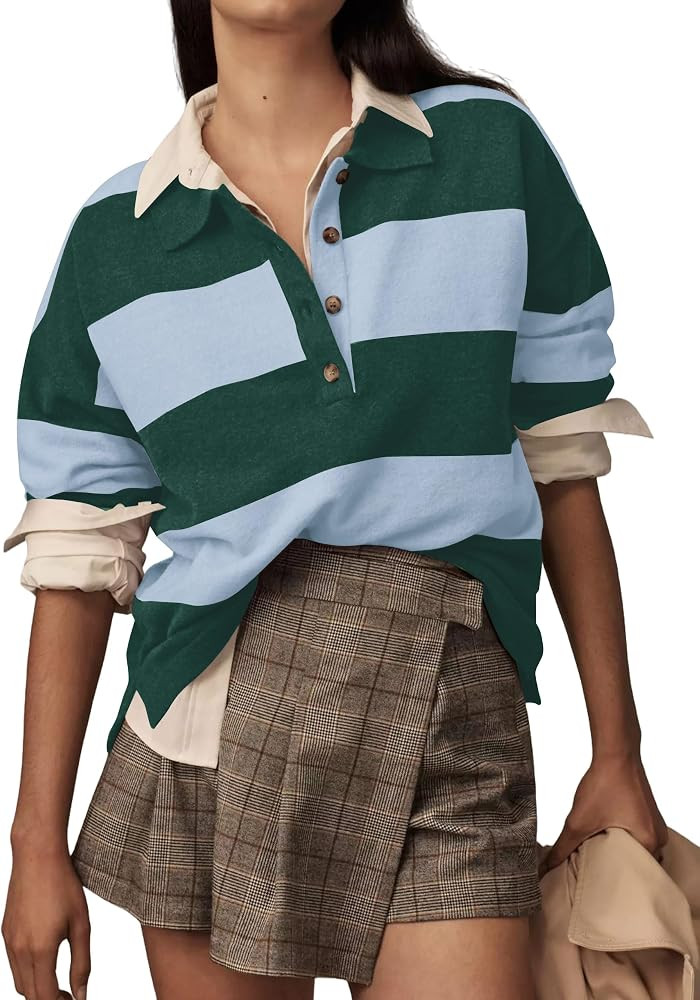 Womens Striped Sweater Shirts Lapel Polo V Neck Long Sleeve Strip Knit Pullover Casual Layer Top ... | Amazon (US)
