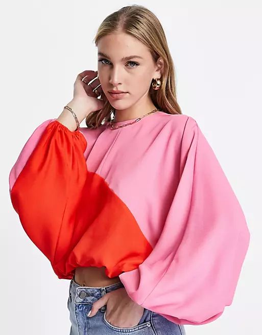 ASOS DESIGN oversized color block top with long sleeve in pink & red | ASOS | ASOS (Global)