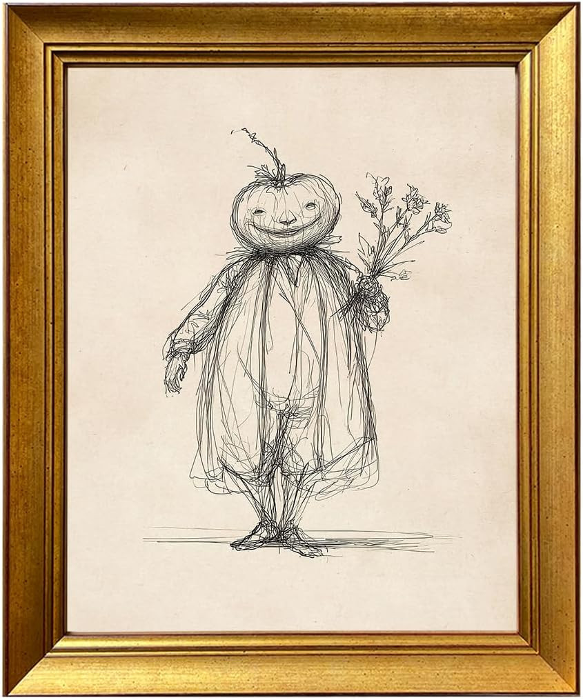 Vintage Halloween Decor Gold Framed Jack O Lantern Sketch Print Painting Spooky Pumpkin Canvas Wall Art Halloween Picture Wall Decor | Amazon (US)