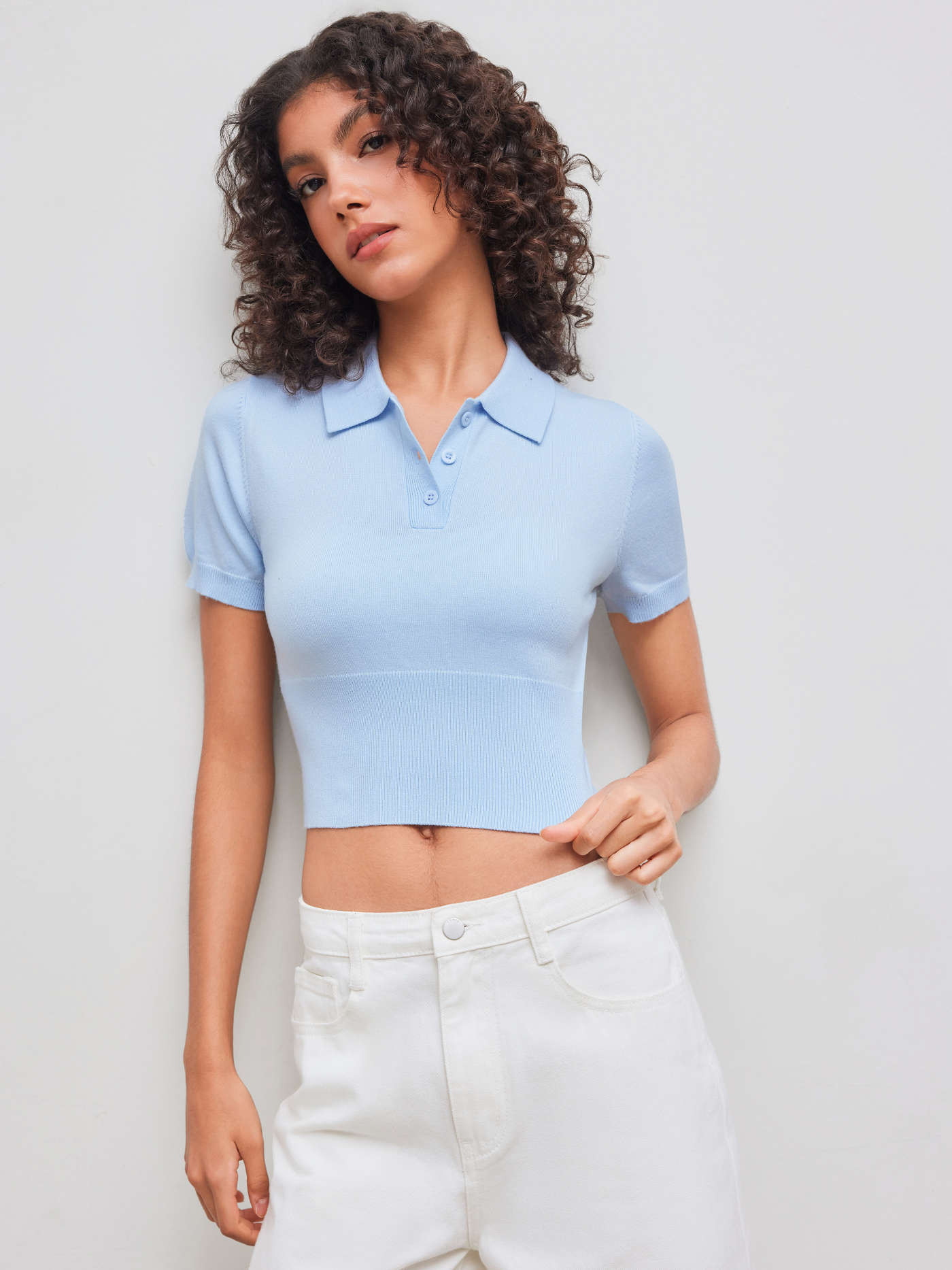 Knitted Polo Solid Button Short Sleeve Crop Top... | Cider