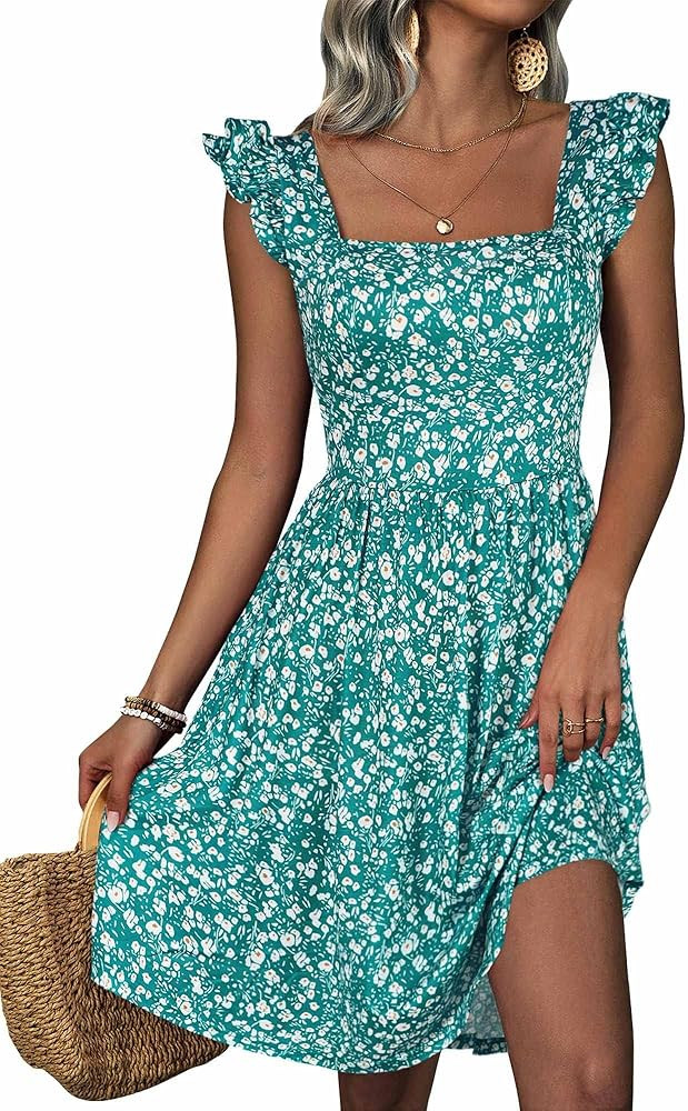 Summer Cute Boho Floral Flowy Knee Length Sundress Square Neck Sleeveless High Waist Pleated A-Li... | Amazon (US)