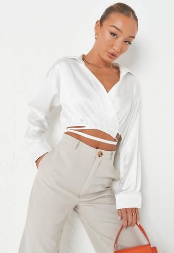 Missguided - White Co Ord Satin Wrap Front Shirt | Missguided (US & CA)