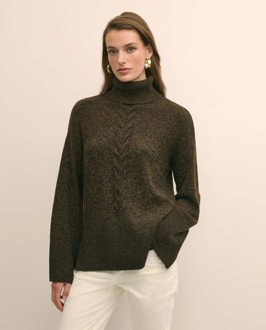 Brooks Brothers Women's Merino Wool Blend Marled Cable-Knit Turtleneck Sweater | Brown | Size XL | Brooks Brothers