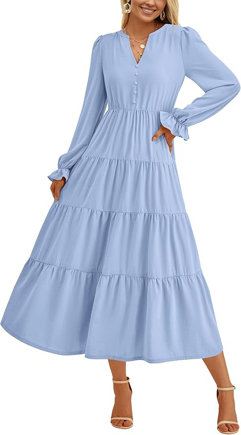 PRETTYGARDEN Long Sleeve Dress for Women Fall V Neck Tiered A Line Spring Elegant Modest Flowy We... | Amazon (US)