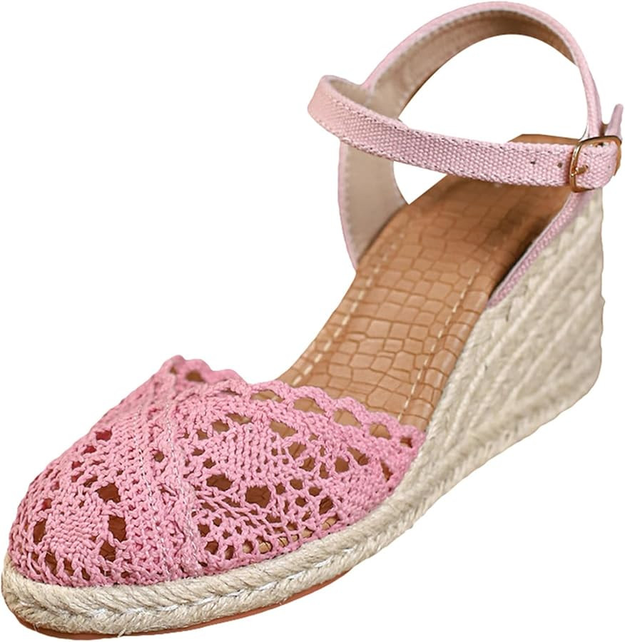 Obosoyo Women Closed Toe Wedge Sandals Summer Woven Espadrille Hollow Casual Beach Boho Shoes Ank... | Amazon (US)