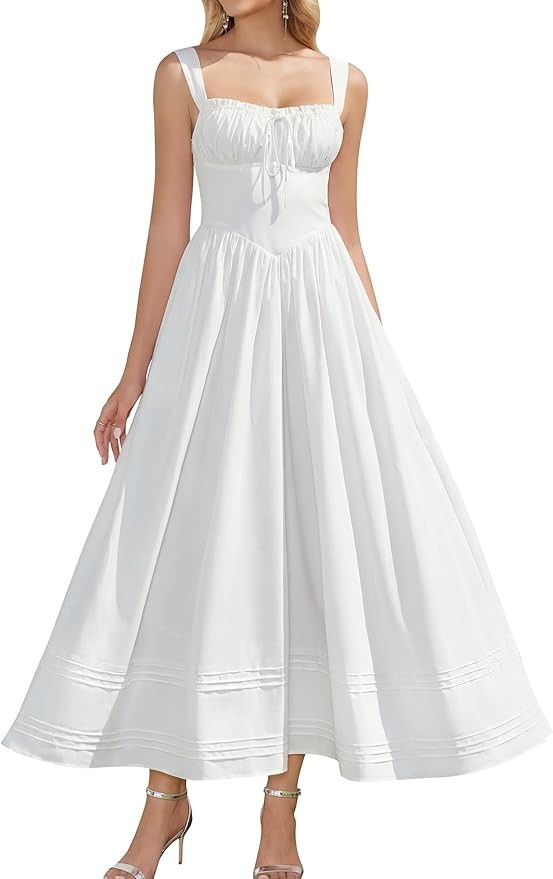 HTZMO Floral Summer Wedding Guest Party Long Dress Square Neck A Line Casual Vacation Milkmaid Ma... | Amazon (US)