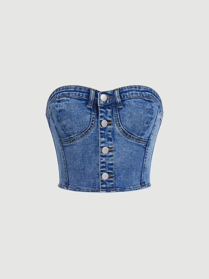 SHEIN ICON Button Front Tube Denim Top | SHEIN
