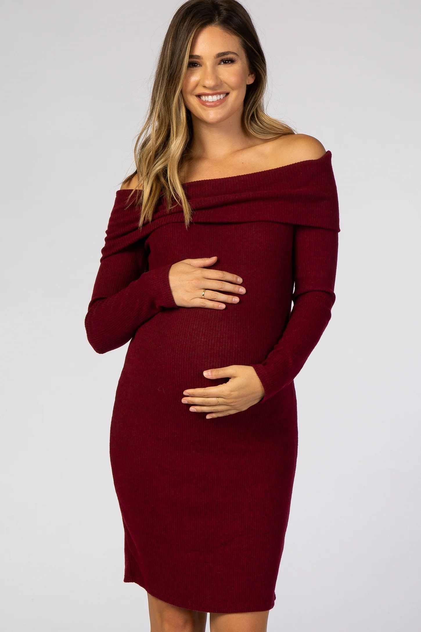 Burgundy Soft Ribbed Folded Neck Off Shoulder Maternity Dress | PinkBlush Maternity