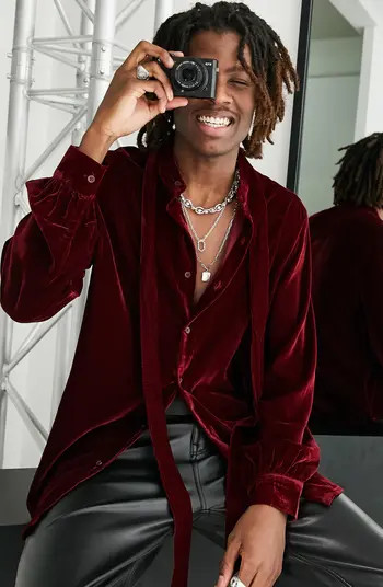 ASOS DESIGN Tie Neck Velvet Button-Up Shirt | Nordstrom | Nordstrom