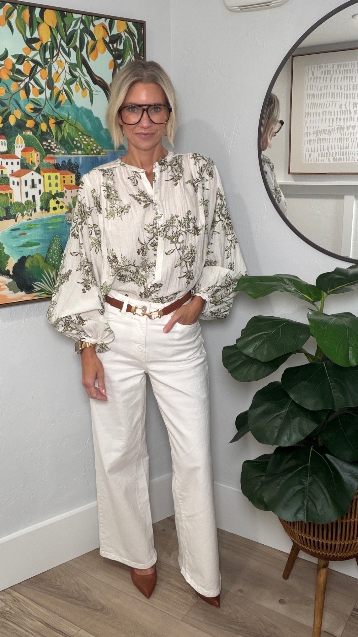 My top and jeans are both from Walmart! 
This top is so fun and lightweight. It’s a gauzy material making it perfect for summer. I’m wearing an XS, and it’s intended to be oversized. 
My jeans are a size 2 and fit tts. They’re a creamy white versus a bright white. 
My belts from Amazon and my heels are from Ally Shoes.

#LTKootd #LTKgrwm #LTKOver40