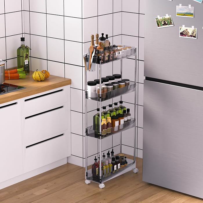 VECELO Acrylic 4-Tier Rolling Cart, Slim Utility Cart for Storage, Mobile Storage Cart with Locka... | Amazon (US)