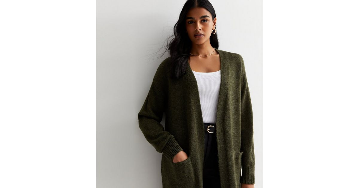 Khaki Knit Pocket Front Midi Cardigan | New Look | New Look (UK)