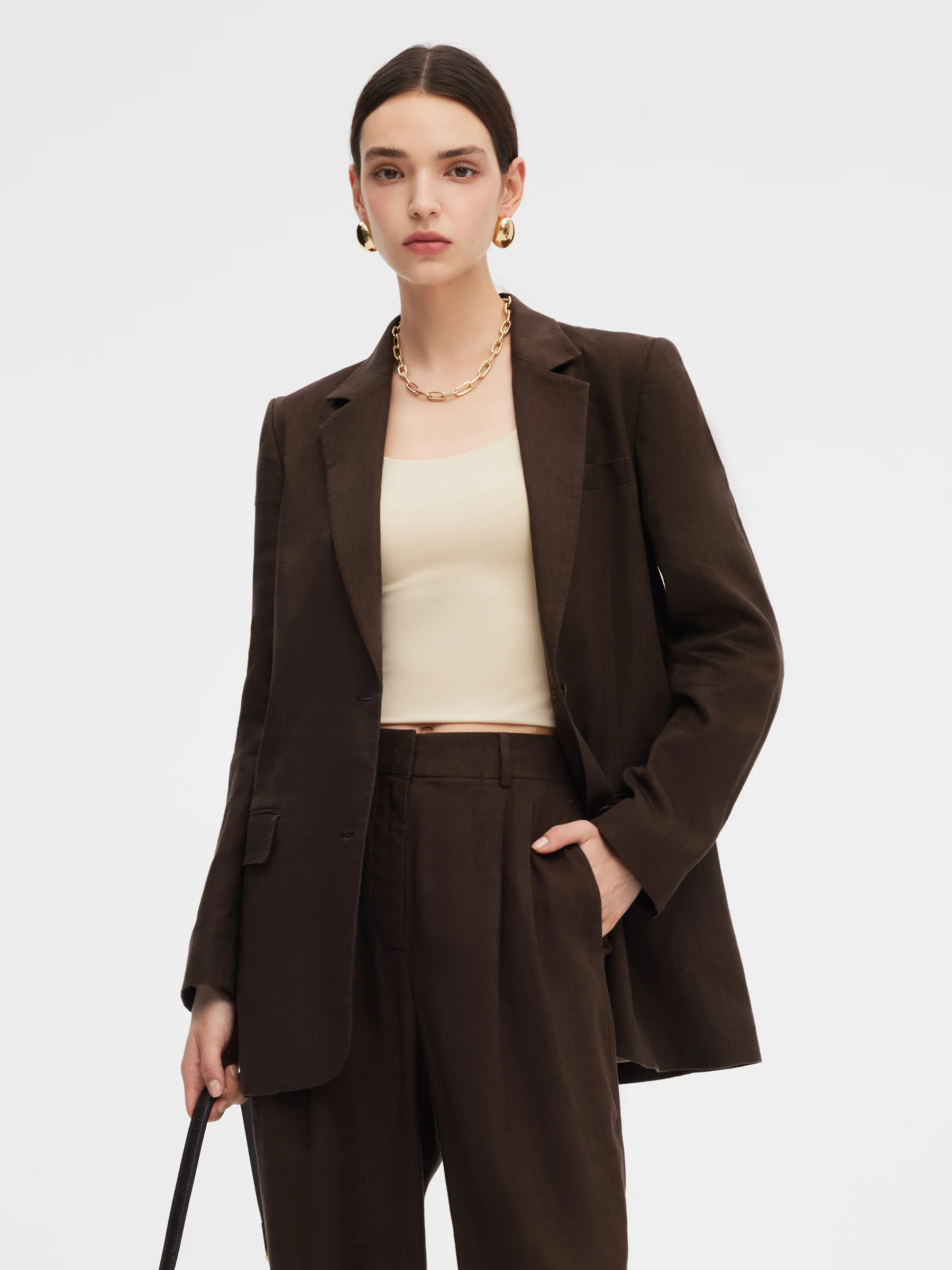 100% Linen Women Loose Fit Blazer - Brown / XXS | GOELIA