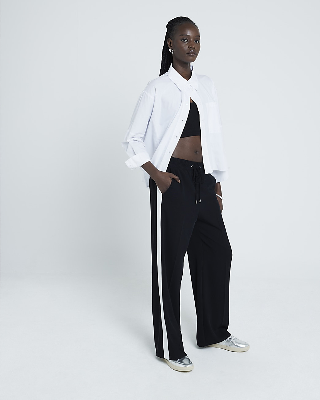 Black side stripe wide leg joggers | River Island (UK & IE)