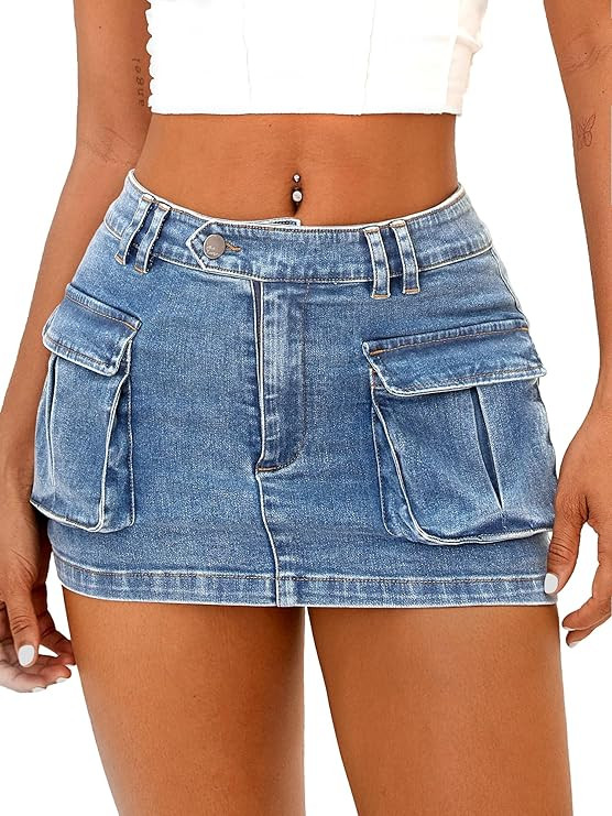ELLEVEN Women's Low Waist Mini Cargo Skirt Y2K, High-Stretch Bodycon Button Denim Skirt with Pock... | Amazon (US)