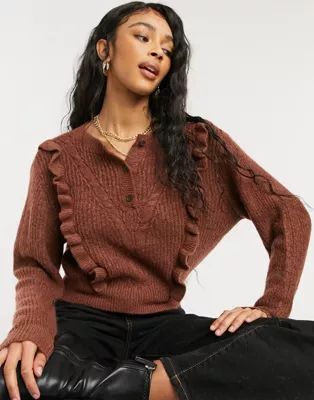 ASOS DESIGN sweater with frill and button placket detail in brown | ASOS (Global)