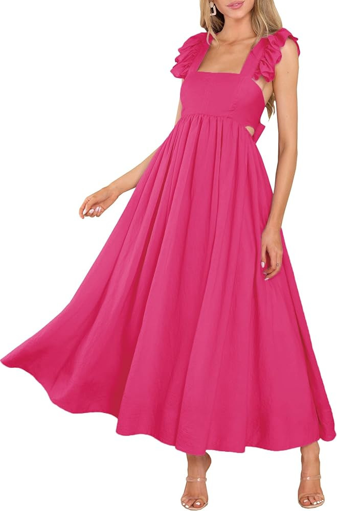 MITILLY Women's Summer Flutter Sleeve Square Neck Tie Back Casual Pleated A-Line Flowy Maxi Dress... | Amazon (US)