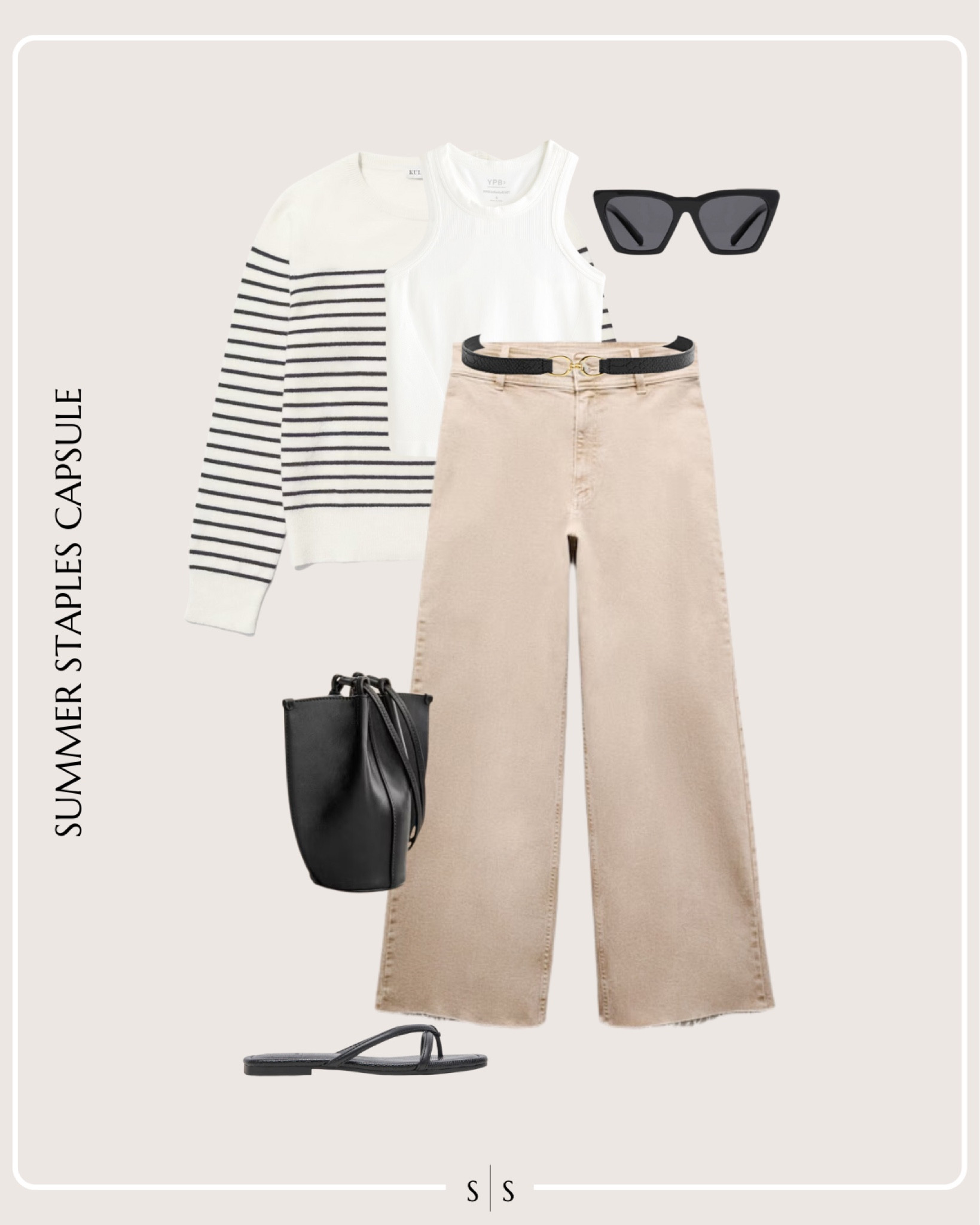 Summer Staples Capsule Wardrobe outfit idea | neutral culotte pants, striped sweater, white tank, black belt, mini bucket bag, slide sandal, sunglasses

See the entire Summer Staples Capsule Wardrobe on thesarahstories.com ✨ 


#LTKStyleTip