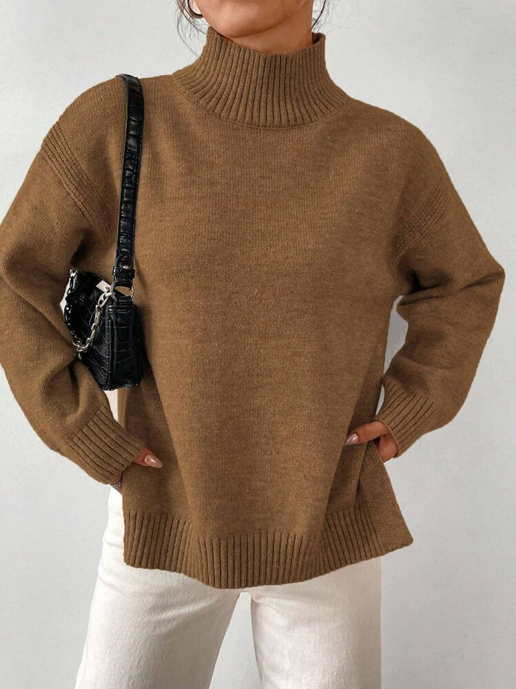 SHEIN ChicEase Women Casual Solid Color Stand Collar Side Slit Knitted Sweater, Fall Autumn/Winte... | SHEIN