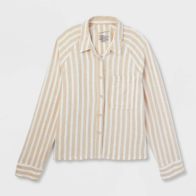 Women's Long Sleeve Adaptive Button-Down Shirt - Universal Thread™ Tan Striped XL | Target