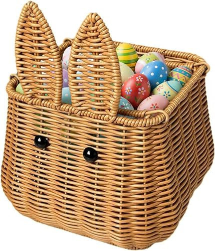 JOINPAYA Easter Bunny Ear Woven Basket: Small Easter Egg Basket Rabbit Ears Picnic Wicker Basket with Handles for Candy Storage Egg Hunt Party Favor | Amazon (US)