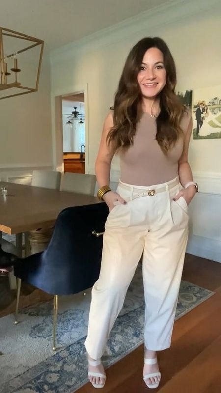 Nasty gal taupe bodysuit 
Ivory faux leather tapered pants from target 
SHEIN skinny ivory belt in pack of 3
Cute cream sandals from Shoedazzle 
Kendra Scott butterfly necklace 
Work ootd 
Office style 


#LTKstyletip #LTKSeasonal #LTKshoecrush