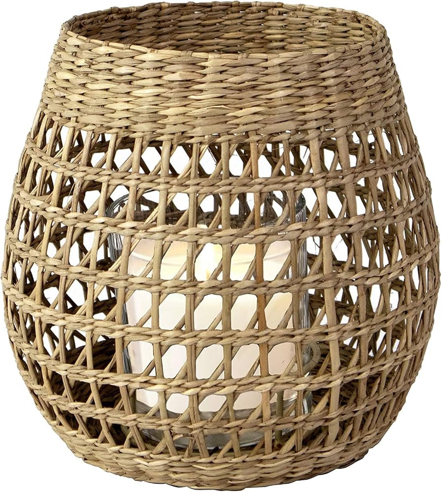 Tea Light Candle Holder w Glass Cup | Seagrass Pillar Candles Lantern - Rustic Wire Jar Candlesti... | Amazon (US)
