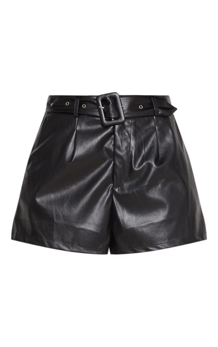 Black Faux Leather Belted Detail Shorts | PrettyLittleThing US
