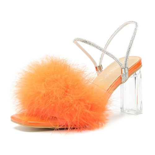 Womens Fluffy Heel Sandals Square Toe Clear Chunky High Heel Fuzzy Mules Double Rhinestone Strap Feather Furry Heels Wedding Evening Prom Party Dress Shoes Orange 40-Foot length 25cm/9.84"-US 8 | Amazon (US)