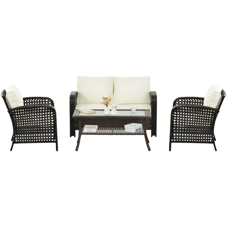 Dcenta 4 Pieces Outdoor Patio Furniture Sets Rattan Chair with coffee table Wicker Set, Outdoor I... | Walmart (US)