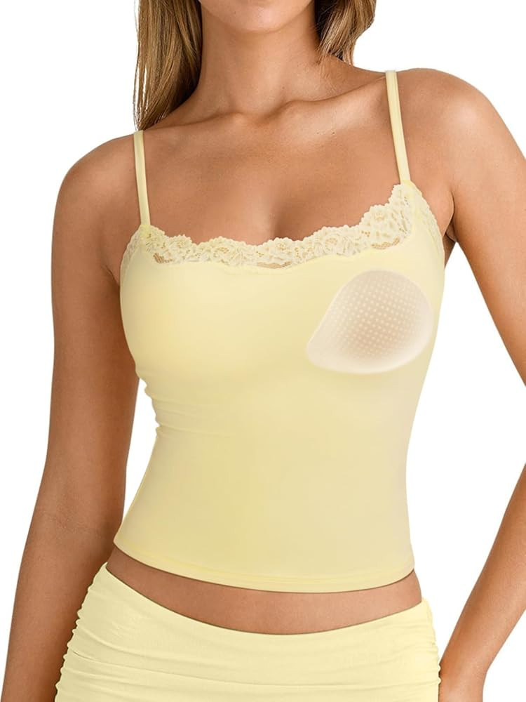 SUUKSESS Women Double Lined Lace Cami Tank Top Summer Padded Going Out Tops Basic Shirts | Amazon (US)