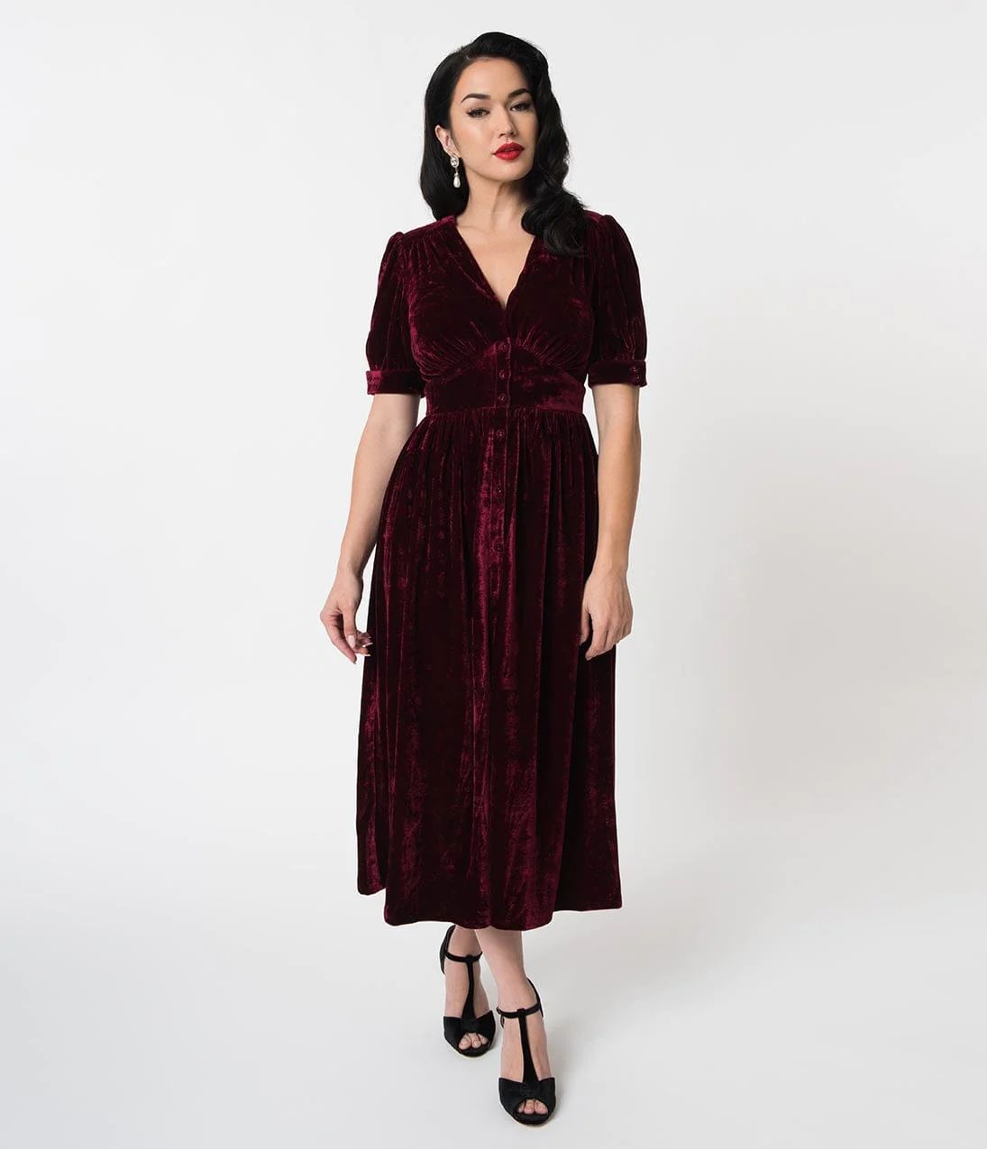 Red Crushed Velvet Button Up Midi Holiday Dress | UniqueVintage