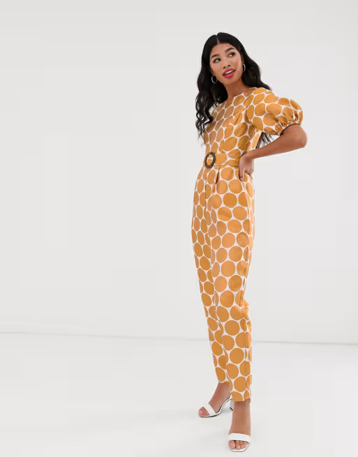 ASOS DESIGN puff sleeve buckle belted jumpsuit in jacquard polka dot | ASOS (Global)