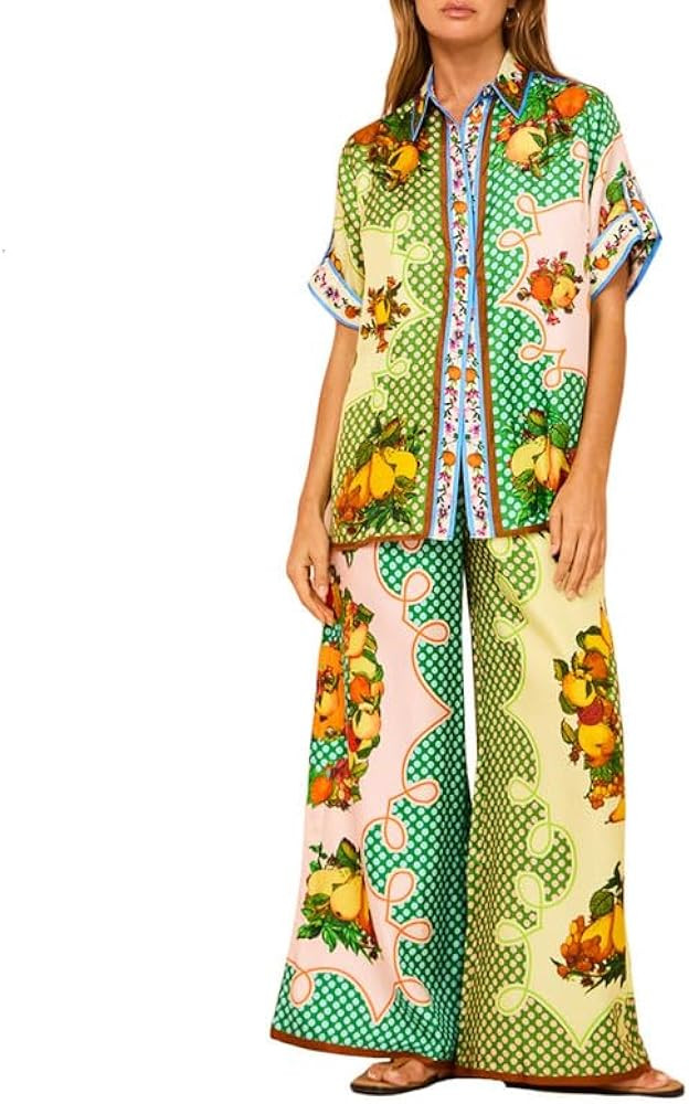 NUFIWI Women Vintage Graffiti 2 Pieces Pants Sets Floral Graphic Print Short Sleeve Shirt Wide Le... | Amazon (US)