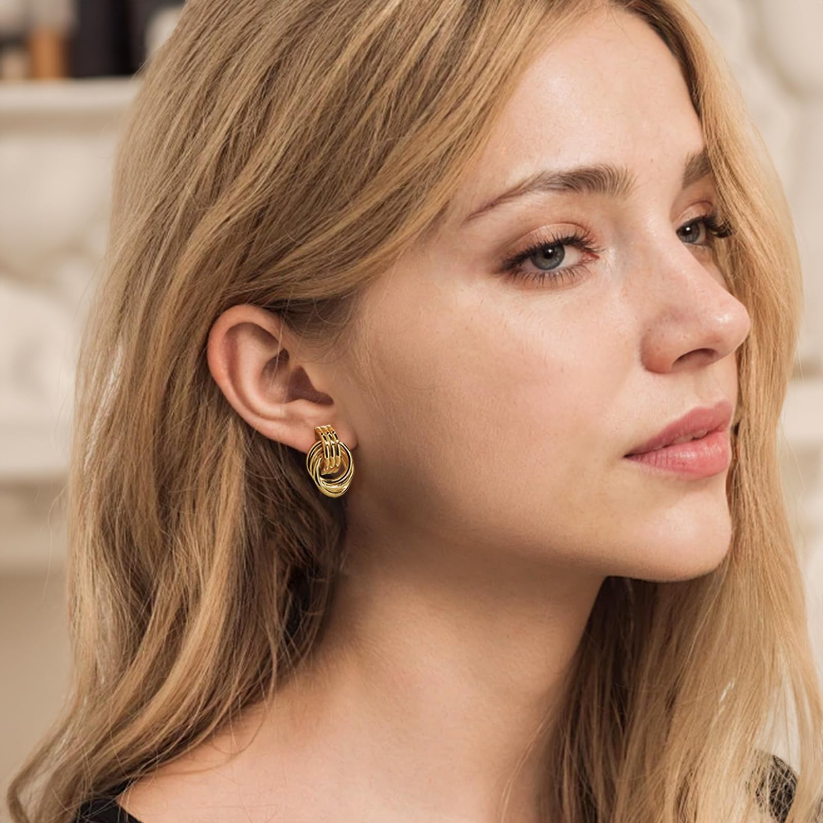 Gold-Plated Chunky Gold Earrings for Women Knot Link Circle Geometric Drop Dangle Earrings Studs ... | Amazon (US)