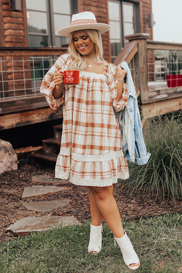 The Amie Plaid Shift Dress in Camel Curves | Impressions Online Boutique