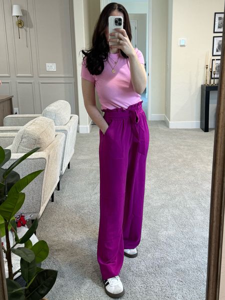 The most comfortable OOTD for Audri’s pink and purple birthday party. I always dress down slacks with a pair of tennis shoes, and these Sambae lookalikes have been my go to and are at least $50 cheaper. Pants and top both come in a ton of colors if you need something more neutral. 

Workwear work outfits pink outfits trousers wide leg pants

#LTKstyletip #LTKover40