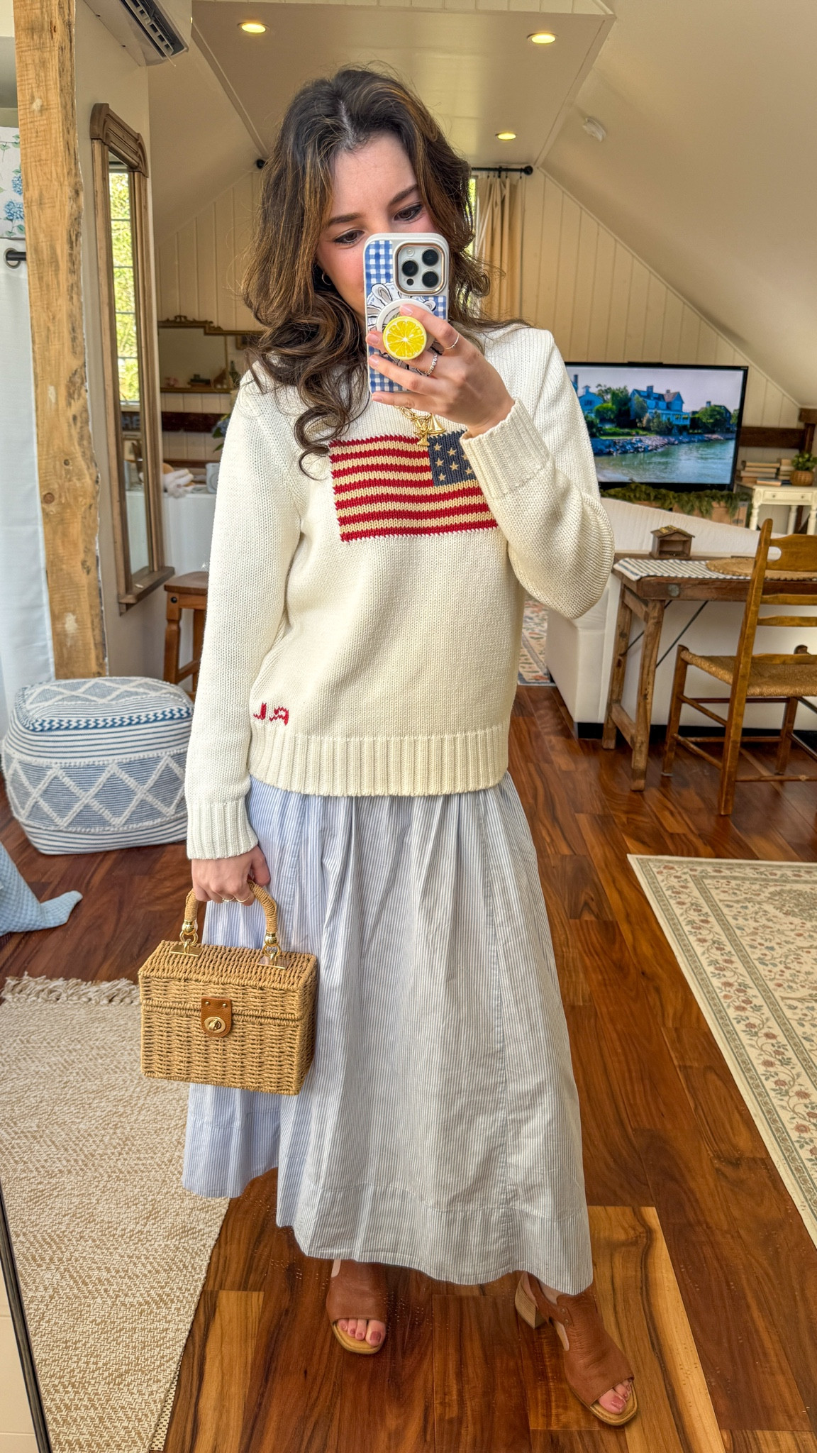 Coastal ootd 🇺🇸 flag sweater is Ralph Lauren (I am wearing a boys size large!) Skirt is old but I linked similar! 🌊🌞🤍 I am 5 foot 3!

coastal grandmother / coastal granddaughter / coastal fashion / summer outfit / summer outfit inspo / cute summer outfit / dainty gold watch / small gold watch / flag sweater / american flag sweater / blue stripe skirt / blue stripe maxi skirt / blue skirt / woven bag / brown mules / ralph lauren flag sweater 

#LTKootd #LTKSeasonal #LTKgrwm