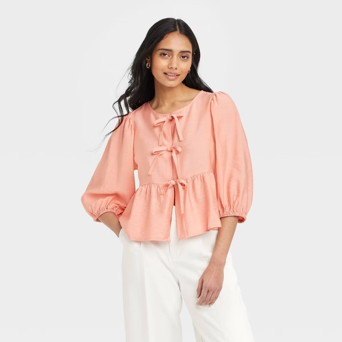 Women's Elbow Sleeve Peplum Tie-Front Blouse - A New Day™ | Target