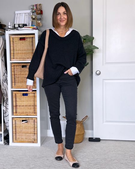 Still wearing skinny jeans, updating the look with trendy ballet flats and oversized tops! And cuffed them a little to show more ankle.
Wearing my usual size 27 in the jeans, sized up to M in the sweater and the shirt is a men’s 16” neck 32-33” sleeve and the best part is that it’s wrinkle resistant, I just hang it up after the wash and it’s perfect!
Ballet flats are from the same seller as mine but it looks like they have updated the sizing cause review now say they fit big (mine fit small, got them 1.5 yrs ago). I also linked similar flats from other retailers who will have more consistent sizing.
Also linked my bag and necklace.


#LTKstyletip #LTKitbag #LTKshoecrush