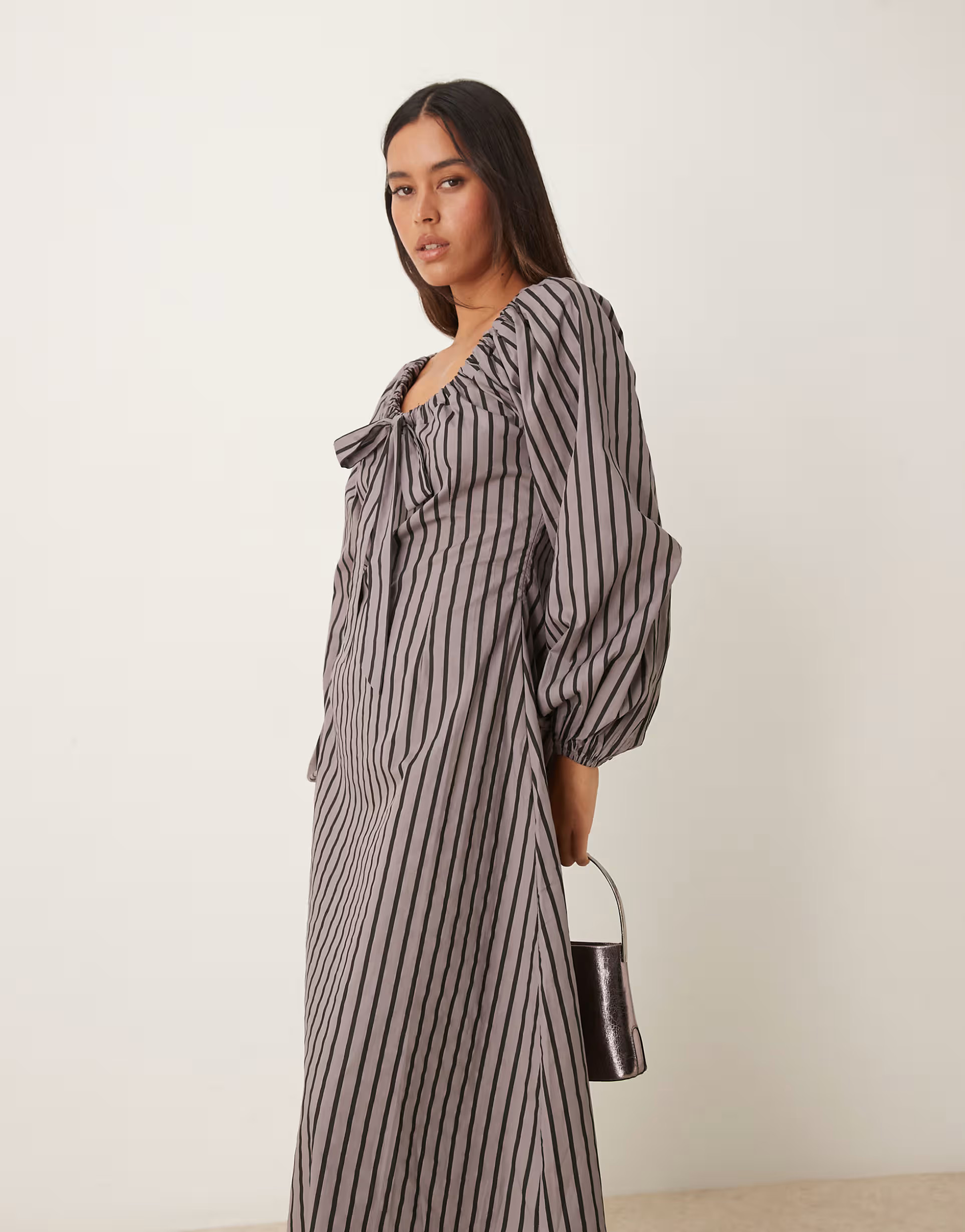 Glamorous tie front volume sleeve maxi smock dress in gray black stripe | ASOS (Global)