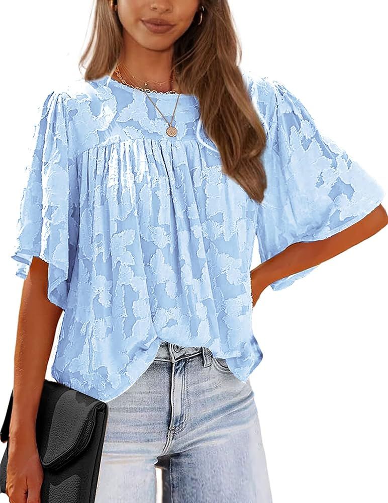 KIRUNDO Women's Summer 3/4 Bell Sleeve Lace Tops Casual Crewneck Chiffon Blouses Floral Textured ... | Amazon (US)